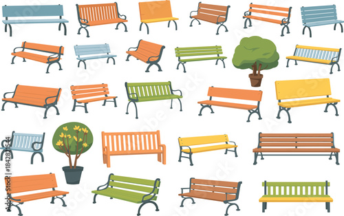 Collection of colorful park benches and decorative trees showing outdoor seating options, urban landscape furniture, garden design elements