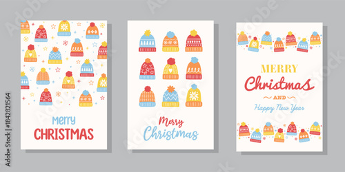 Christmas greeting card set  in retro style. Poster with hand drawn winter hats. Vector illustration