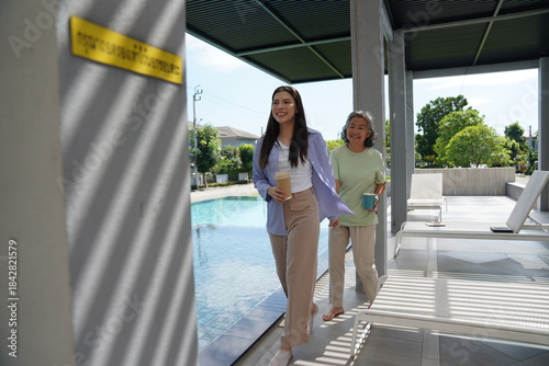 Wallpaper Mural Happy family relaxing together at home outdoor with coffee Torontodigital.ca