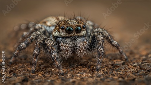 Wallpaper Mural Close-up of a jumping spider with detailed eyes and furry body on brown ground. Insect and arachnid, macro shot. Nature and wildlife, focus on the jumping spider. Torontodigital.ca