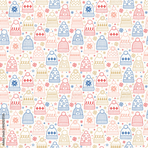 Colourful seamless pattern with cute hand drawn winter hats. Christmas background concept. Vector illustration