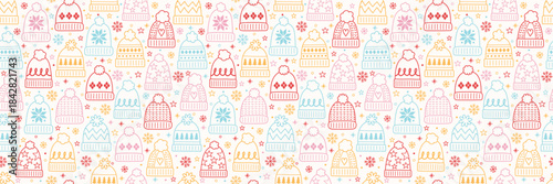 Colourful cartoon winter hat background. Christmas seamless pattern. Banner. Vector illustration