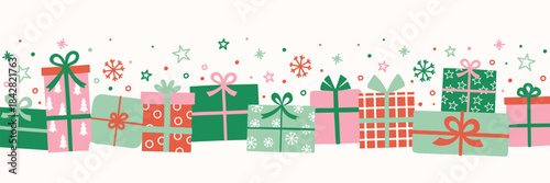 Colourful Christmas banner with hand drawn presents. Vector illustration