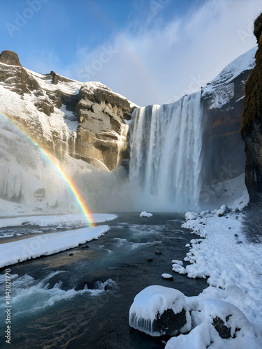  Waterfall in Winter with a Rainbow.