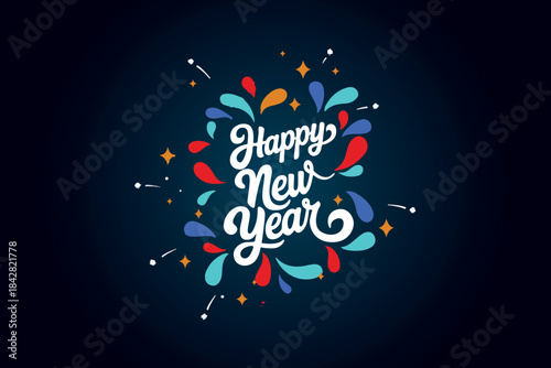 Happy New Year Celebration Typography with Confetti and Stars on Dark Background