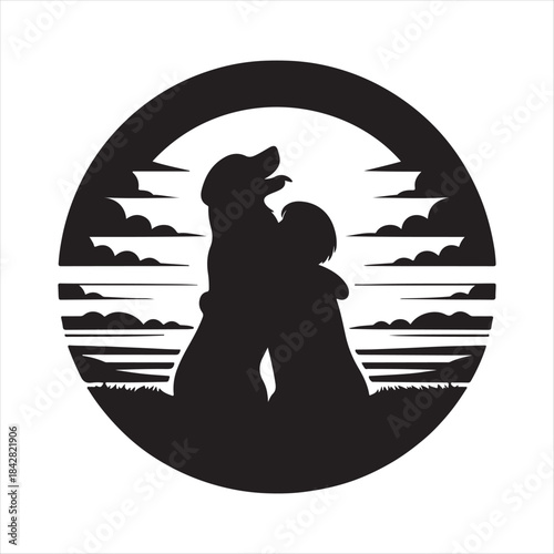 Golden Retriever Dog Hugging Owner at Sunset vector Silhouette outline logo design concept illustration