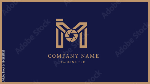 Modern m letter logo with camera lens aperture detail