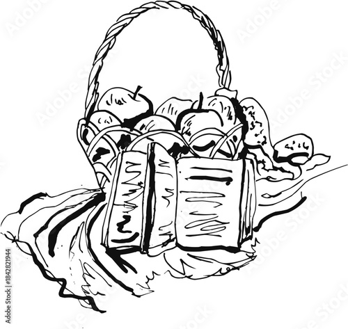 Hand-Drawn Sketch Basket of Apples and Open Book Still Life