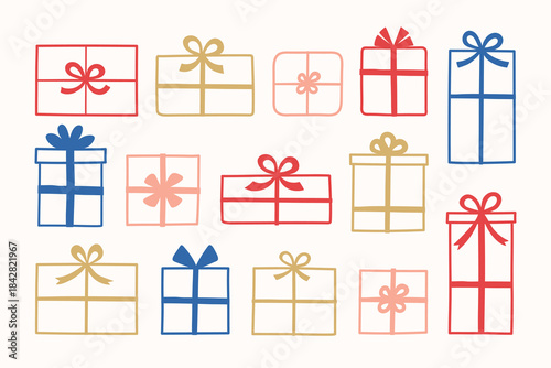 Set with cute hand drawn gift boxes. Christmas decorations. Vector illustration