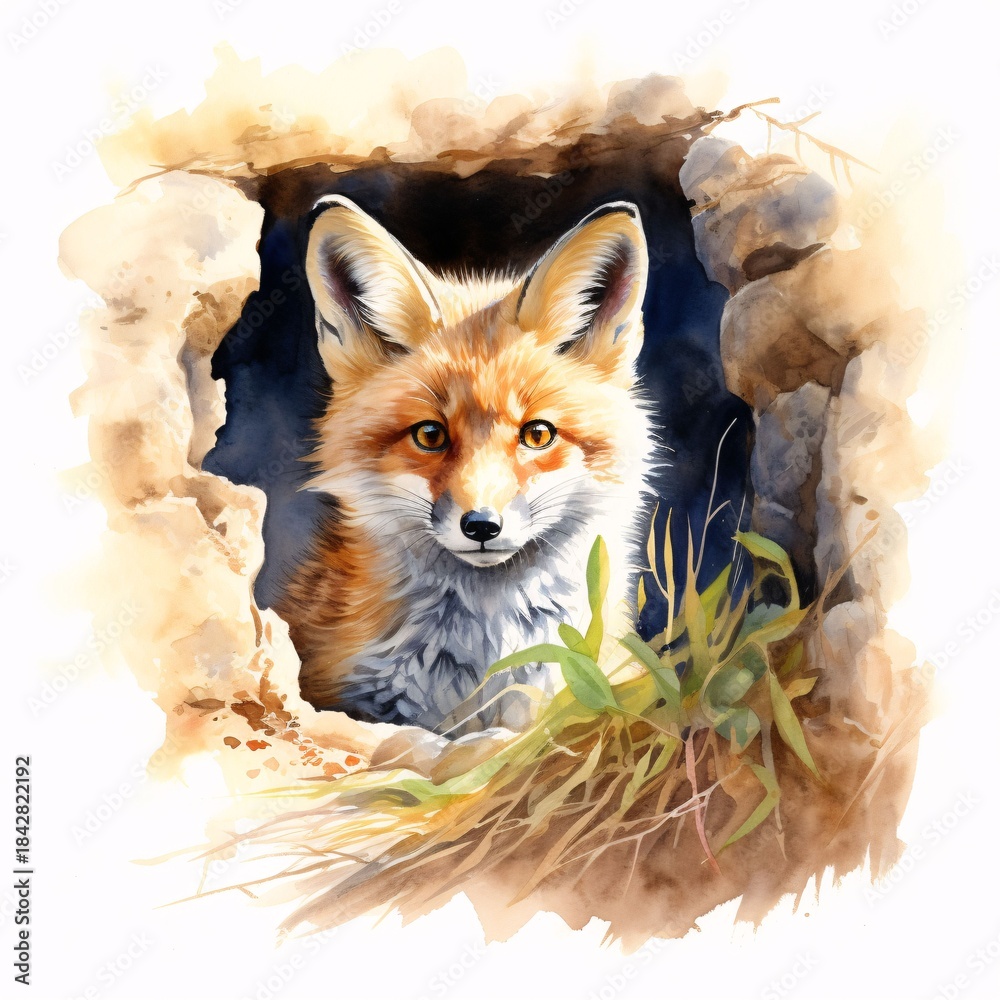 Obraz premium Watercolor painting of a fox peeking out of its den in a natural setting