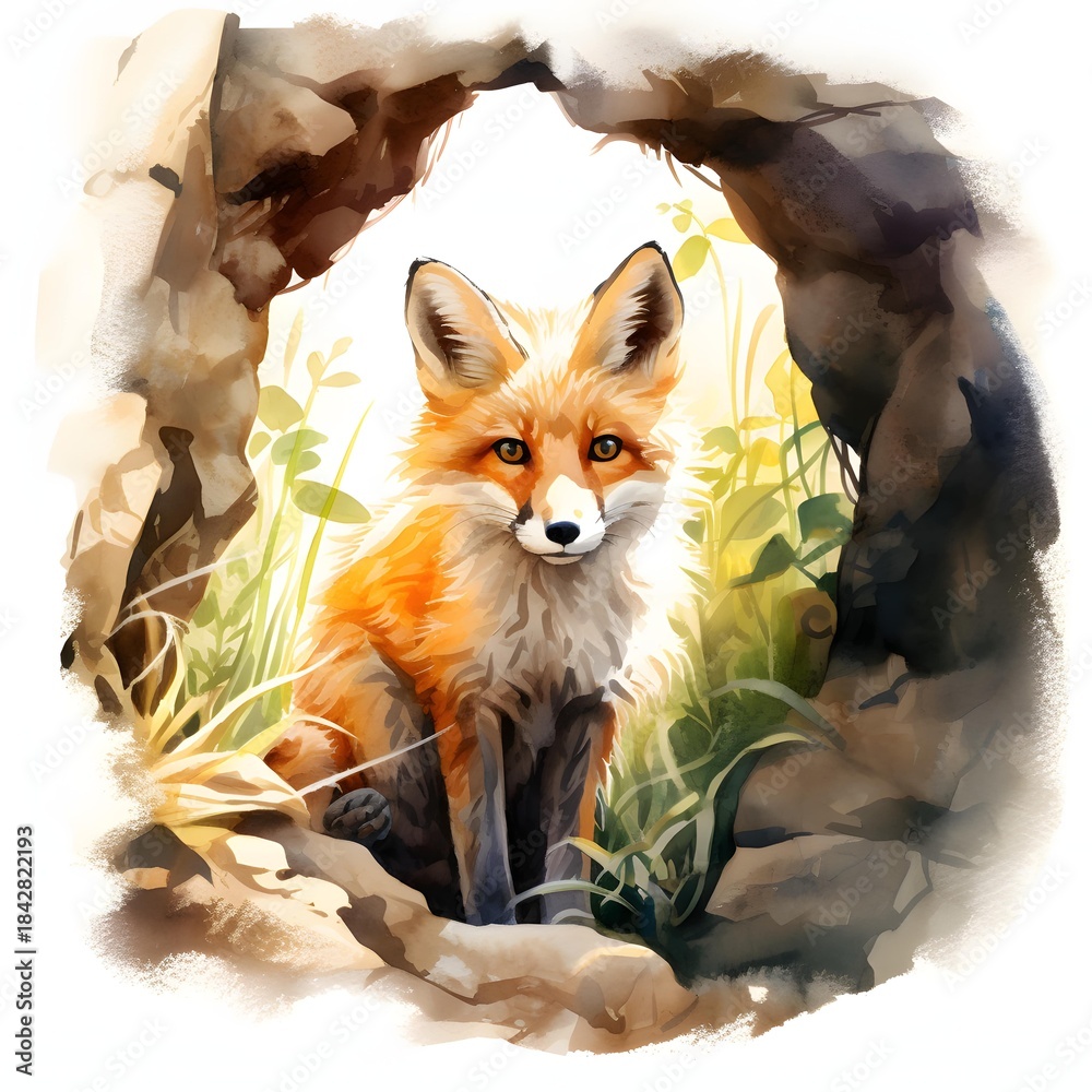 Obraz premium Watercolor painting of a fox sitting inside a stone cave looking towards the viewer