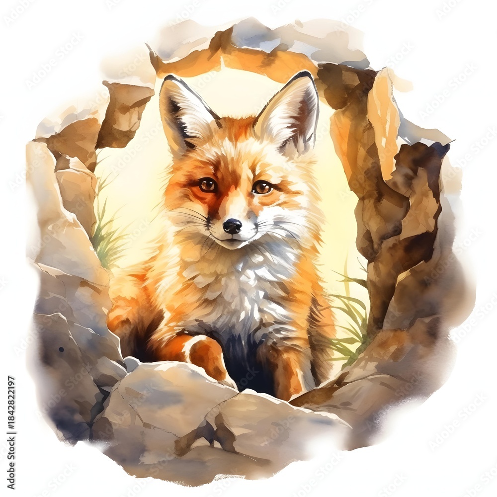 Obraz premium Watercolor fox nestled among rocks in a painting illustration style