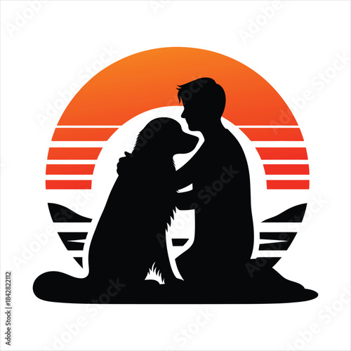 Golden Retriever Dog Hugging Owner at Sunset vector Silhouette outline logo design concept illustration