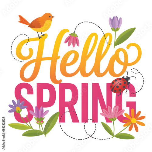 Cheerful hello spring greeting featuring a cute orange bird a ladybug and colorful blooming flowers in a vibrant graphic design