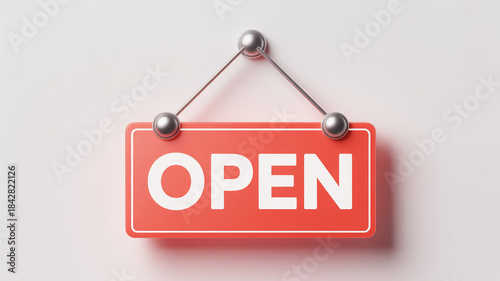 High-definition 2D coral-red OPEN sign, bold white sans-serif text, metallic hooks, minimalist flat design, premium commercial, highly marketable illustration.