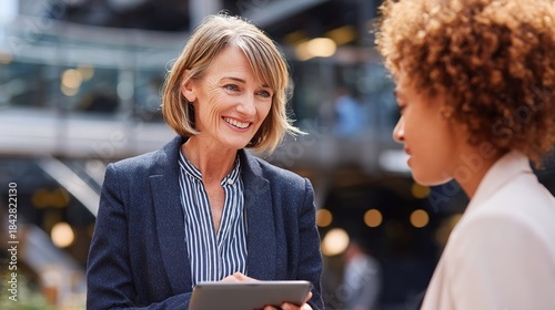 Business Conversation in Modern Setting: Two professional women engage in a dynamic conversation amidst the backdrop of a contemporary office environment.