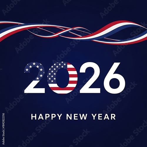 Happy new year 2026 with american flag design on dark blue background for celebration and patriotic events
