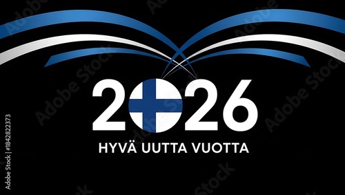 Finnish new year 2026 logo with blue and white waves and cross symbol on black background