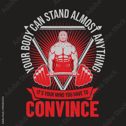 A powerful graphic featuring a muscular man, dumbbells, and a barbell, promoting strength and resilience with an empowering message.