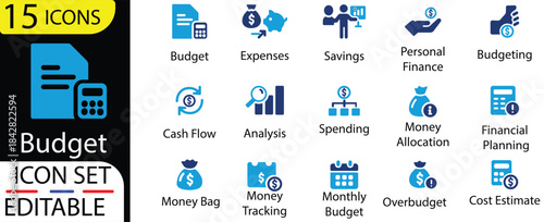Budget icon set. Containing budgeting, expense, presentation, revenue, spreadsheet, spending, analysis, savings, income, budget and more. Solid vector icons collection. 