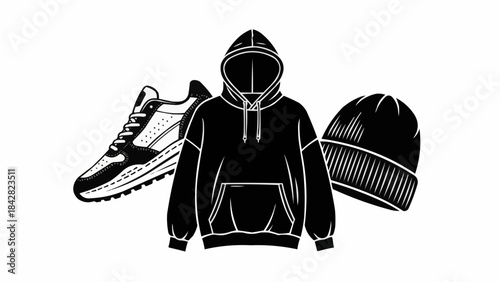Black hoodie with sneakers and beanie hat illustration.