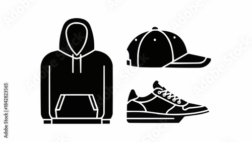 Black Silhouette Icons of Hoodie Cap and Sneaker.