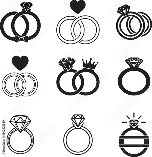 diamond studded engagement rings vector set, wedding ring symbolizing love and commitment. Variety of designs, from classic solitaires to intricate patterns