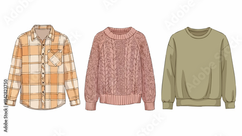 Three different types of casual clothing items laid out flat.