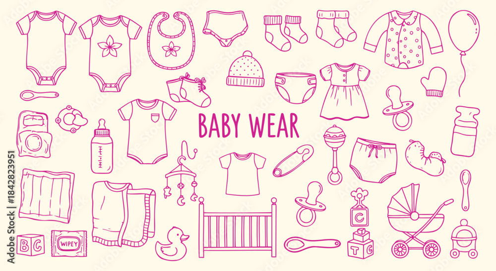 Fototapeta premium Baby Wear. Nursery. Doodle. A pink hand drawn vector line art set of baby clothes and nursery items for a baby shower invitation, a children's brand, or a parenting blog graphic.