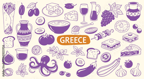 Greece. Greek Food. A purple vector icon set of classic Greek cuisine like gyros, feta cheese, and olives for a restaurant menu, a travel guide, or a cultural design illustration.