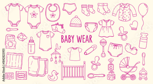 Baby Wear. Nursery. Doodle. A pink hand drawn vector line art set of baby clothes and nursery items for a baby shower invitation, a children's brand, or a parenting blog graphic.