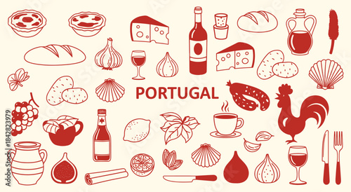 Portugal. Portuguese Food. A red vector icon set of classic Portuguese cuisine and symbols for a restaurant menu, a travel guide, a food blog, or a cultural design project asset.