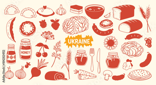 Ukraine. Ukrainian Food. A red and yellow vector icon set with a grunge texture of classic Ukrainian cuisine for a restaurant menu, a travel guide, or a cultural design project asset.