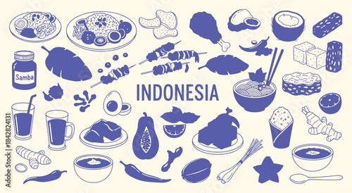 Indonesia. Indonesian Food. A blue vector icon set with a grunge texture of classic Indonesian cuisine for a restaurant menu, a travel guide, a food blog, or a cultural design project.