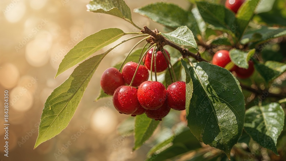 Obraz premium Cherry fruit on a branch with green leaves, sunlight in the background.