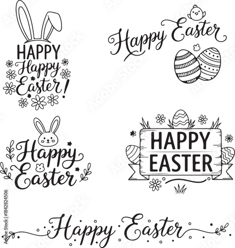 Hand-drawn Happy Easter Greetings Collection with Bunny and Eggs