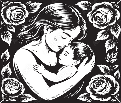 Beautiful black and white engraving style portrait of a mother tenderly embracing her sleeping baby surrounded by detailed roses