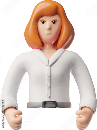 3D icon of an angry woman, frowning face, clenched fists, close-up, office blouse, brown hair.