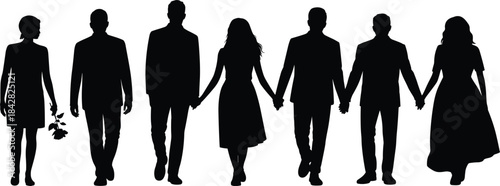 Diverse group of young people silhouettes standing, casual friends, college students, unity, community, youth.