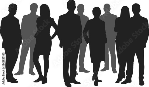 Professional business people silhouette, diverse team standing together, corporate teamwork, leadership, unity, confident workforce.