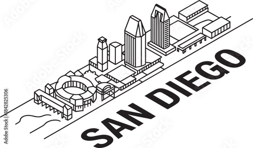 San diego isometric skyline black outline city drawing on transparent background vector illustration