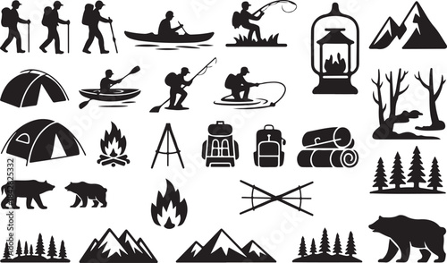 Outdoor Adventure and Camping Icon Set: Hiking, Kayaking, Fishing, and Wilderness Survival Symbols Bundle