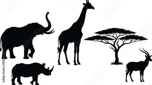 African savanna silhouettes, elephant rhino giraffe antelope acacia tree, wildlife vector icons, nature illustration, black animal graphic set