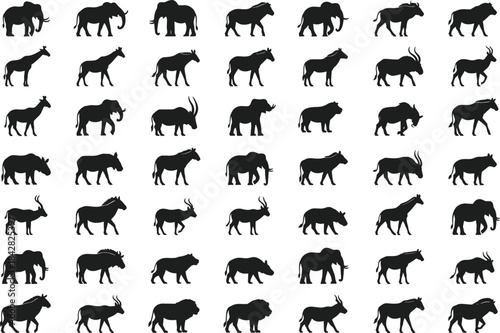 African wildlife silhouette grid, elephant lion zebra rhino antelope wildebeest, black animal icons, nature vector illustration set