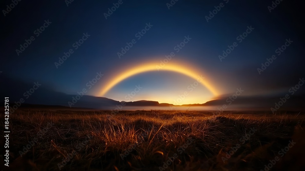 Obraz premium Dramatic sunset rainbow over serene landscape nature photography captivating viewpoint of rural tranquility