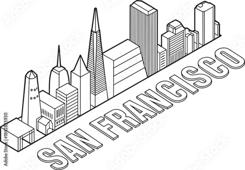 San francisco california detailed wireframe drawing of famous architecture buildings isometric cityscape vector icon