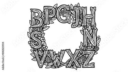 An illustration of letters surrounded by leaves and flowers in a decorative arrangement.