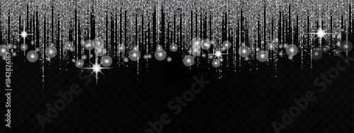 Sparkling silver glitter background with shimmering curtain effect, white stars, and glitter confetti creating magical light dust atmosphere for festive designs