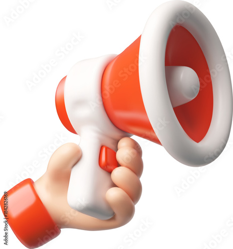 3D image of a hand holding a red megaphone. Advertising, promotion, marketing.