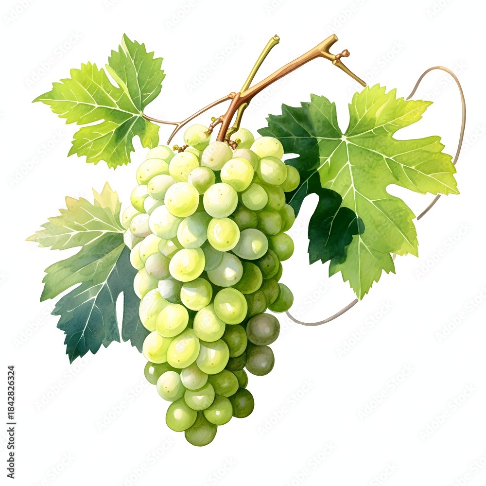 Fototapeta premium Watercolor illustration of fresh grapes hanging on a branch with green leaves